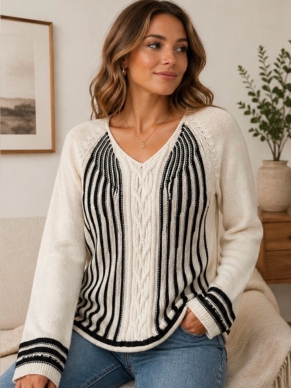 Rosie Neira Anthropologie Cable Knit Sweater XS Black Ivory‎ Boho